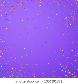 Festive confetti. Celebration stars. Rainbow confetti on bright purple background. Comely festive overlay template. Remarkable vector illustration.
