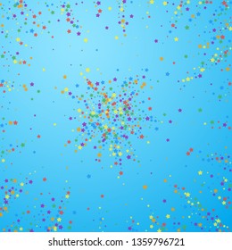 Festive confetti. Celebration stars. Rainbow bright stars on blue sky background. Brilliant festive overlay template. Eminent vector illustration.