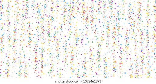 Festive confetti. Celebration stars. Rainbow bright stars on white background. Delicate festive overlay template. Symmetrical vector illustration.
