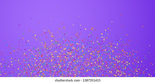 Festive confetti. Celebration stars. Rainbow confetti on bright purple background. Cute festive overlay template. Extraordinary vector illustration.