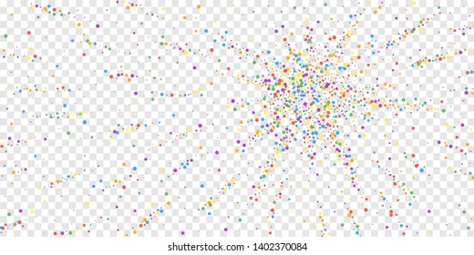 Festive confetti. Celebration stars. Rainbow confetti on transparent background. Cute festive overlay template. Amusing vector illustration.