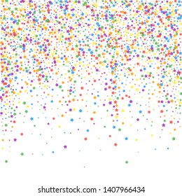 Festive confetti. Celebration stars. Rainbow bright stars on white background. Eminent festive overlay template. Fair vector illustration.
