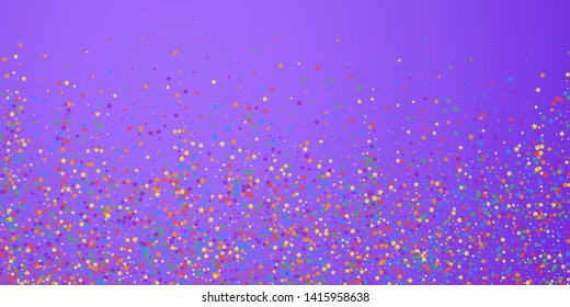 Festive confetti. Celebration stars. Rainbow bright stars on bright purple background. Decent festive overlay template. Magnetic vector illustration.