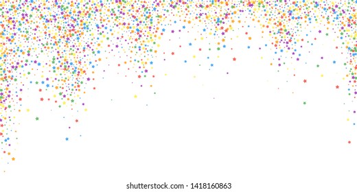 Festive confetti. Celebration stars. Rainbow bright stars on white background. Delightful festive overlay template. Curious vector illustration.