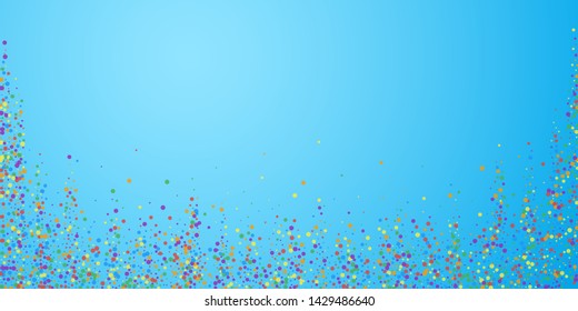 Festive confetti. Celebration stars. Rainbow confetti on blue sky background. Decent festive overlay template. Eminent vector illustration.