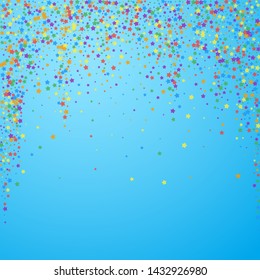 Festive confetti. Celebration stars. Rainbow bright stars on blue sky background. Captivating festive overlay template. Lovely vector illustration.