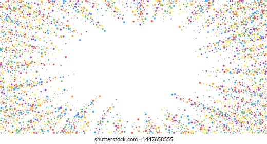 Festive confetti. Celebration stars. Rainbow confetti on white background. Elegant festive overlay template. Bewitching vector illustration.