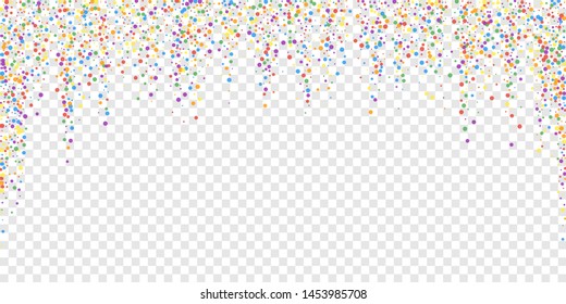 Festive confetti. Celebration stars. Rainbow confetti on transparent background. Dazzling festive overlay template. Exotic vector illustration.