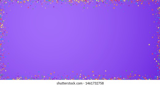 Festive confetti. Celebration stars. Rainbow bright stars on bright purple background. Delightful festive overlay template. Splendid vector illustration.