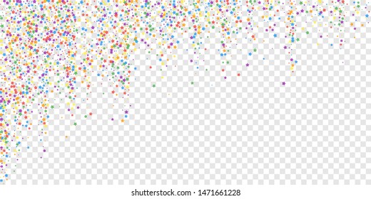 Festive confetti. Celebration stars. Rainbow bright stars on transparent background. Delicate festive overlay template. Decent vector illustration.