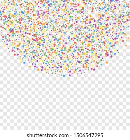 Festive confetti. Celebration stars. Rainbow bright stars on transparent background. Comely festive overlay template. Gorgeous vector illustration.