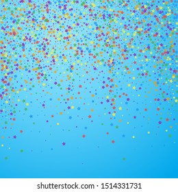 Festive confetti. Celebration stars. Rainbow bright stars on blue sky background. Eminent festive overlay template. Extra vector illustration.