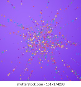 Festive confetti. Celebration stars. Rainbow bright stars on bright purple background. Captivating festive overlay template. Dramatic vector illustration.