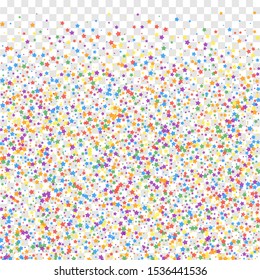 Festive confetti. Celebration stars. Rainbow bright stars on transparent background. Classy festive overlay template. Resplendent vector illustration.