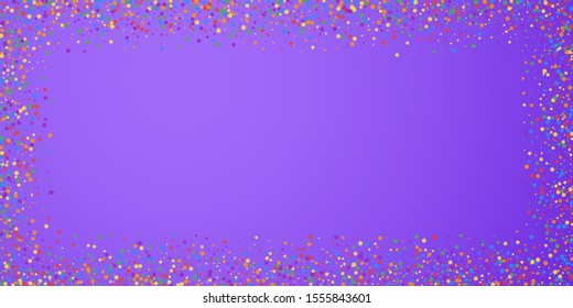 Festive confetti. Celebration stars. Rainbow confetti on bright purple background. Delightful festive overlay template. Juicy vector illustration.