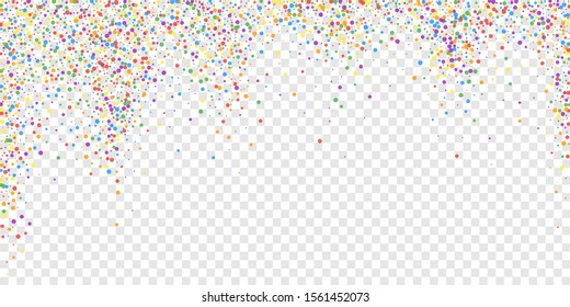 Festive confetti. Celebration stars. Rainbow confetti on transparent background. Delightful festive overlay template. Decent vector illustration.