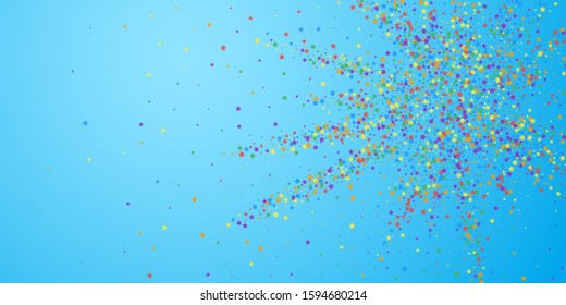 Festive confetti. Celebration stars. Rainbow bright stars on blue sky background. Curious festive overlay template. Extra vector illustration.