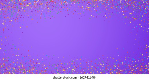 Festive confetti. Celebration stars. Rainbow confetti on bright purple background. Elegant festive overlay template. Fine vector illustration.