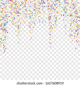 Festive confetti. Celebration stars. Rainbow confetti on transparent background. Eminent festive overlay template. Pleasing vector illustration.