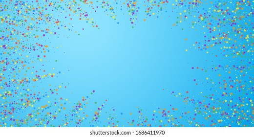 Festive confetti. Celebration stars. Rainbow bright stars on blue sky background. Elegant festive overlay template. Artistic vector illustration.