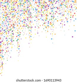 Festive confetti. Celebration stars. Rainbow bright stars on white background. Charming festive overlay template. Symmetrical vector illustration.