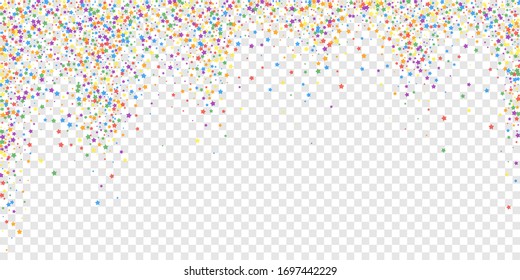 Festive confetti. Celebration stars. Rainbow bright stars on transparent background. Delightful festive overlay template. Creative vector illustration.