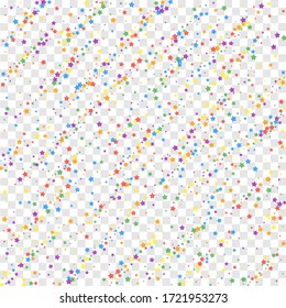 Festive confetti. Celebration stars. Rainbow bright stars on transparent background. Classic festive overlay template. Curious vector illustration.