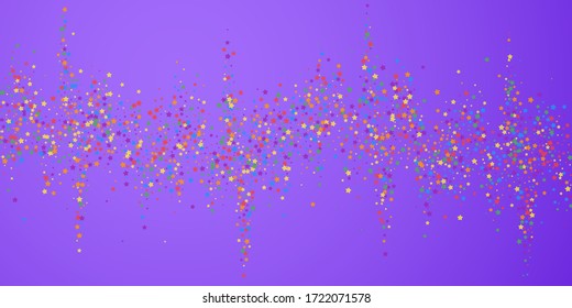 Festive confetti. Celebration stars. Rainbow bright stars on bright purple background. Dazzling festive overlay template. Memorable vector illustration.