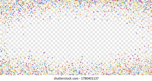 Festive confetti. Celebration stars. Rainbow bright stars on transparent background. Elegant festive overlay template. Fascinating vector illustration.