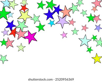 Festive confetti. Celebration stars. Rainbow bright stars on white background.  Exploded Star Frame. Triangles Burst Falling Confetti.