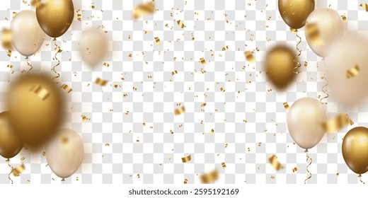 Festive confetti and flying balloons png. Golden bright confetti falls. Vector celebration background with confetti and 3d helium balloons. Holidays and Birthday. Isolated on transparent background.