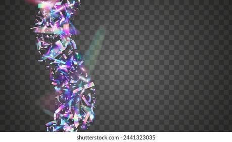 Festive Confetti. Iridescent Background. Holographic Paper. Glare Concept. Falling Ribbon. Purple Laser Tinsel. Light Surprise Illustration. Digital Design. Blue Festive Confetti