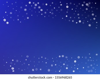 Festive confetti isolated on blue background. Vector illustration. Random particles. White trendy, cute, falling snowflakes for postcard, banner, poster or other creative projects.