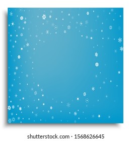 Festive confetti isolated on blue background. Random particles. Vector illustration. White trendy, cute, falling snowflakes for postcard, banner, poster or other creative projects.