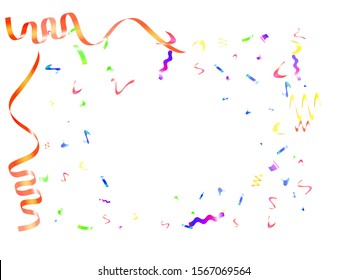 Festive confetti isolated on white background. Vector illustration. Magic particles. Red, green, yellow, blue, golden, pink, orange and violet elements for postcard, banner, poster or other.