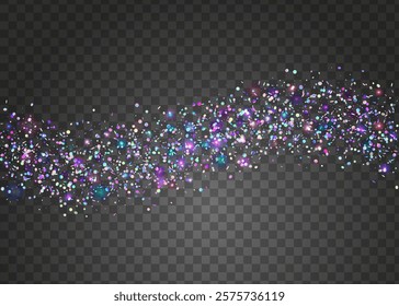 Festive Confetti. Modern Dust. Carnaval Paper. Transparent Sparkle. Digital Poster. Happy Birthday Backdrop. Disco Texture. Pink Light Burst. Purple Festive Confetti