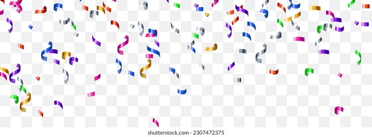 Festive confetti png. Bright confetti falls. Vector celebration background with confetti and colorful ribbons. Holidays and Birthday. Vector isolated on transparent background.