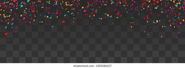 Festive confetti png. Colorful bright confetti falls. Vector celebration background with confetti and colorful ribbons. Holidays and Birthday. Vector isolated on transparent background.
