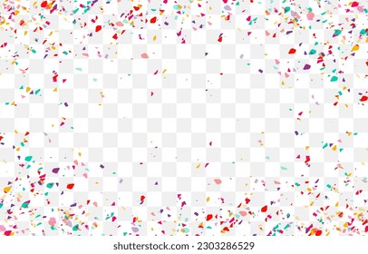 Festive confetti png. Colorful bright confetti falls. Vector celebration background with confetti and colorful ribbons. Holidays and Birthday. Vector isolated on transparent background.