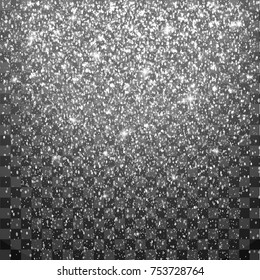 Festive confetti. Polka dot. Abstract bright white shimmer lights and snowflakes. Glowing blizzard. Illustration of falling shiny round particles and stars isolated on transparent background.