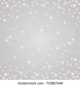 Festive confetti. Polka dot. Abstract bright white shimmer lights and snowflakes. Glowing blizzard. Illustration of falling silver shiny round particles and stars isolated on transparent background.
