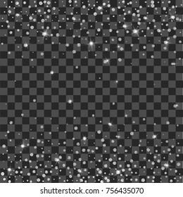 Festive confetti. Polka dot. Abstract bright white shimmer lights and snowflakes. Glowing blizzard. Illustration of falling silver shiny round particles and stars isolated on transparent background.
