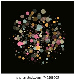 Festive Confetti. Round Circles Falling, Flying. Snow or Bubbles, Bokeh Lights. Pink, Blue, Grey, Orange Festive Confetti. Gold, Rich VIP Premium Design. Shining Sparkling Lights New Year Background.