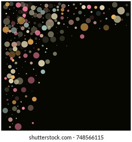 Festive Confetti. Round Circles Falling, Flying. Gold, Rich VIP Premium Design. Snow or Bubbles, Bokeh Lights. Pink, Blue, Grey, Orange Festive Confetti. Shining Sparkling Lights New Year Background.