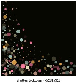 Festive Confetti. Round Circles Falling, Flying. Snow or Bubbles, Bokeh Lights. Pink, Blue, Grey, Orange Festive Confetti. Gold, Rich VIP Premium Design. Shining Sparkling Lights New Year Background.