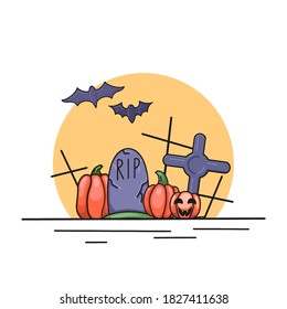 Festive contour illustration for Halloween. Contour bats, pumpkin, lantern, headstone and crosses against the background of the full moon. Vector element for invitations, cards, banners