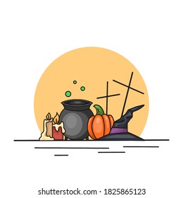 Festive contour illustration for Halloween. Contour cauldron and witch hat, pumpkin, candles and crosses against the background of the full moon. Vector element for invitations, cards, banners