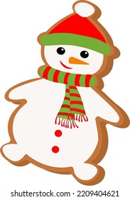 Festive cookies for Christmas with a gingerbread snowman. Delicious cookies decorated with icing. Happy New Year decoration. Celebrating New Year and Christmas. Vector illustration in a flat style