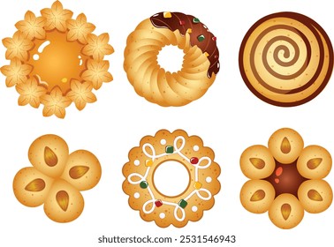 Festive Cookies Set: Marmalade, Almonds and Chocolate Dipped. Pinwheel, Flower and Wreath Shaped 