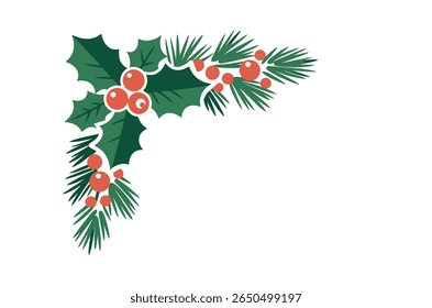 Festive corner design with holly and pine branches